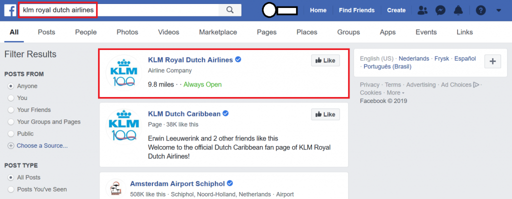 Een facebookpagina zoeken
