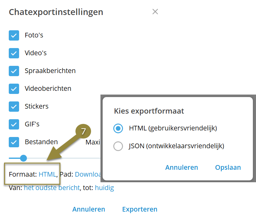 Telegram Chatexportinstellingen Formaat