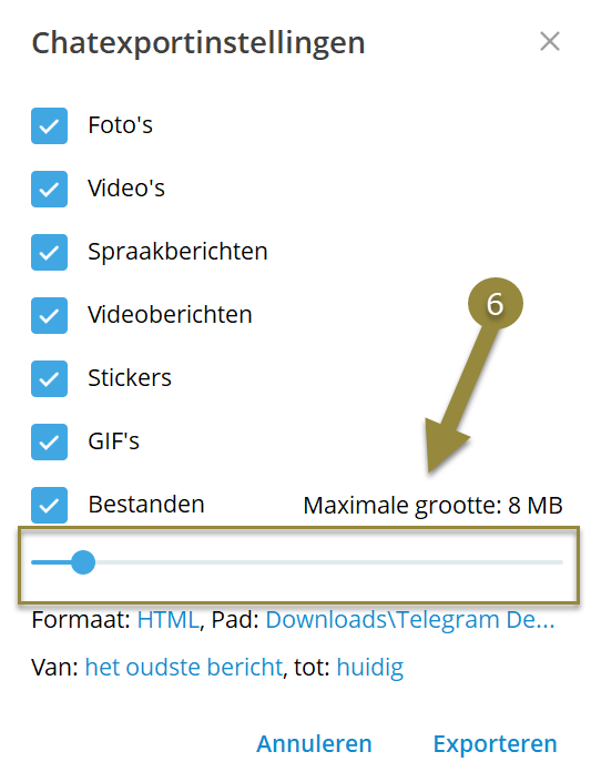 Telegram Chatexportinstellingen Grootte