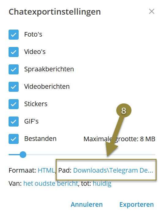 Telegram Chatexportinstellingen Pad