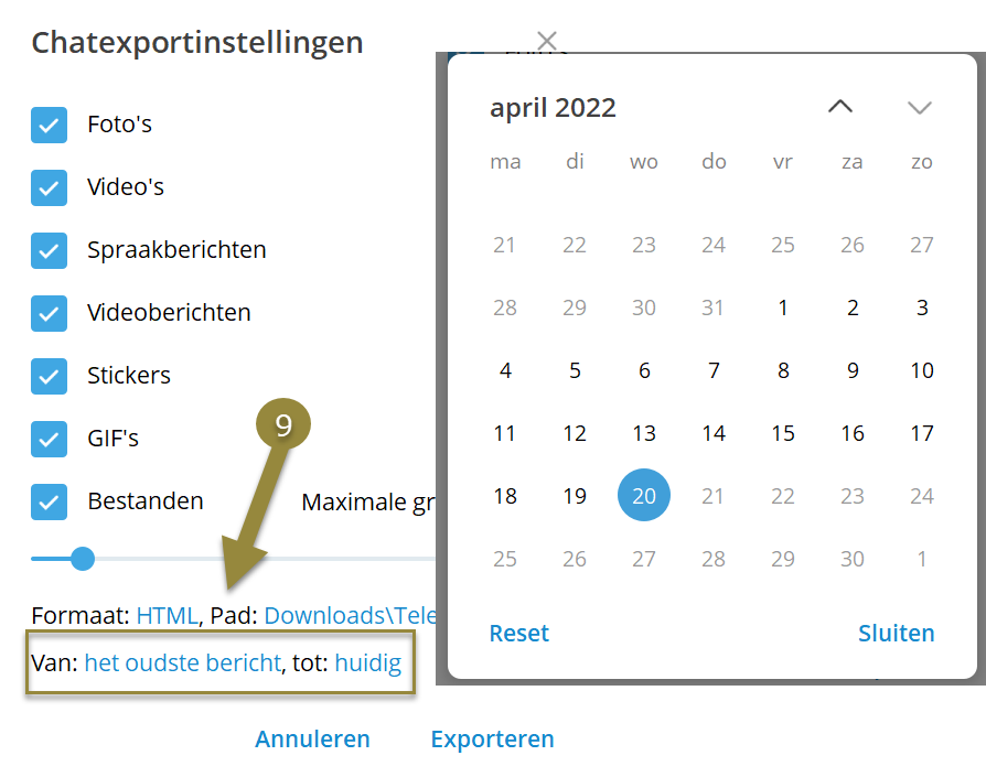 Telegram Chatexportinstellingen Tijd