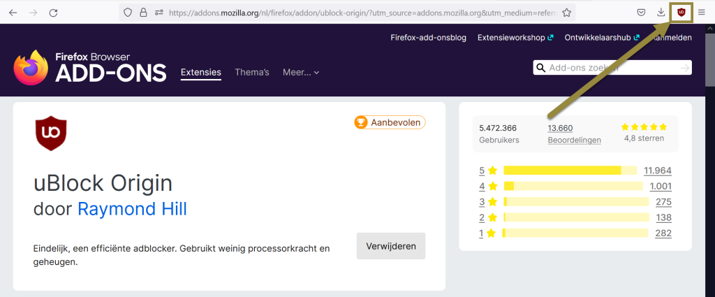 Ublock Origin installeren gereed