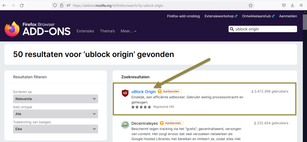 Ublock Origin zoekresultaat