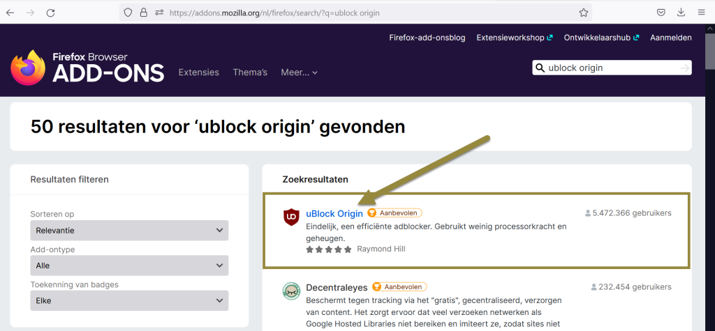 Ublock Origin search result