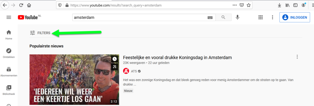 YouTube filter knop