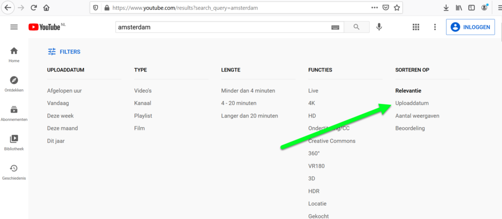 YouTube filter overzicht