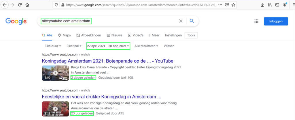 Youtube via Google resultaten