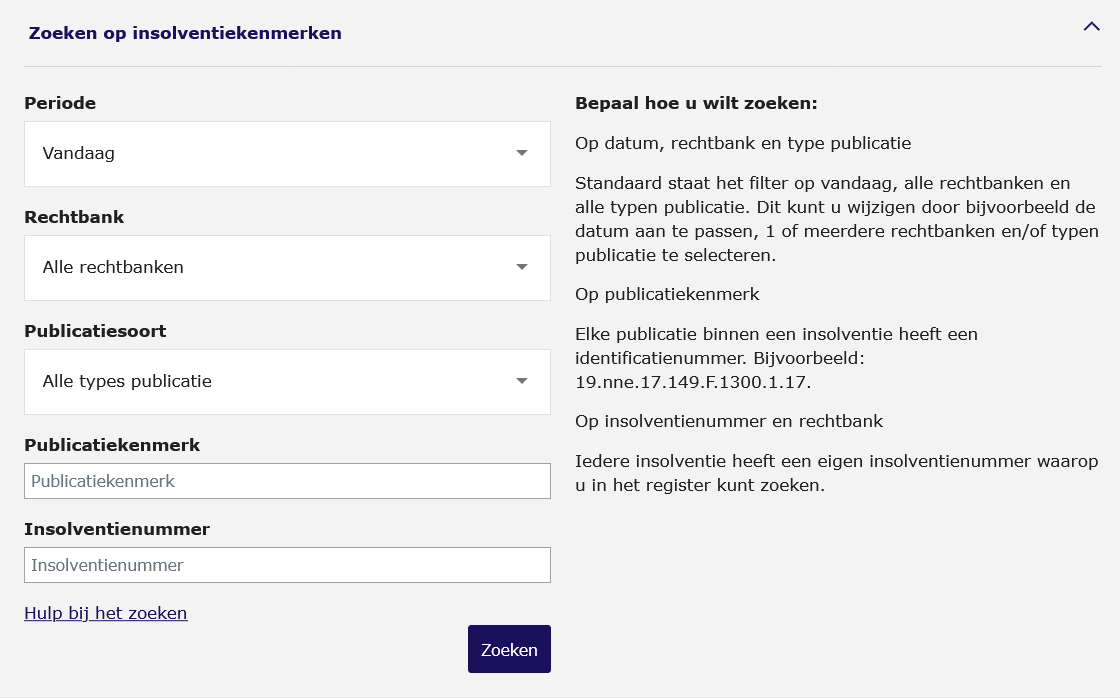Zoeken op insolventiekenmerken Zoeken op insolvatiekenmerken