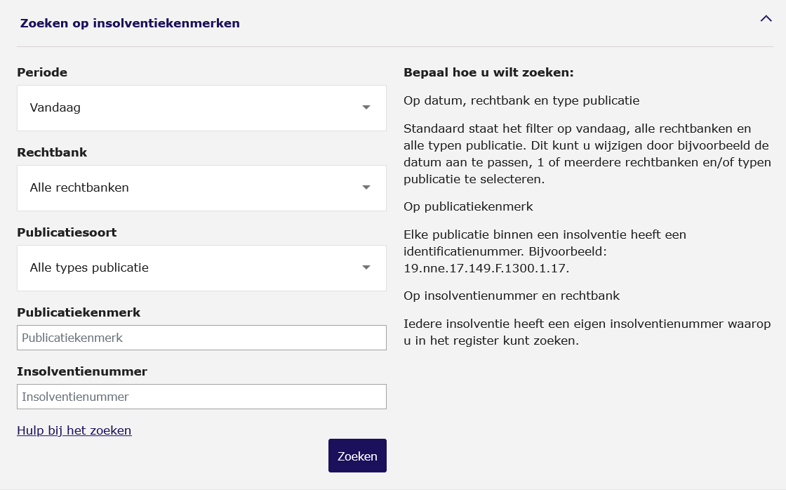Zoeken op insolvatiekenmerken
